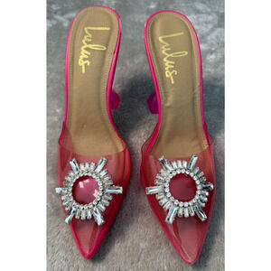 Lulus Rhinestone Pink Translucent PVC Mules Martini Shaped Heels Womens Size 8